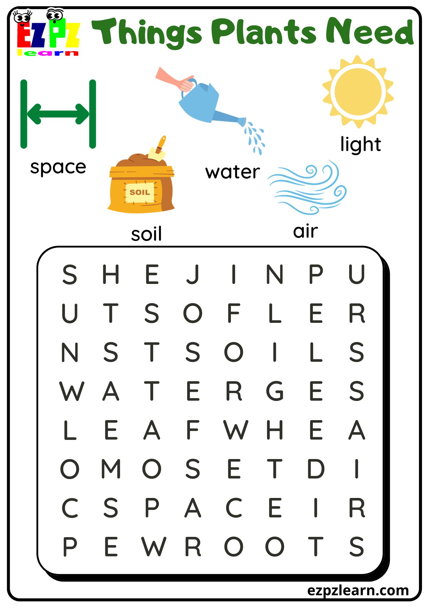Things Plants Need Vocabulary Worksheet Word Search Activity for Kindergarten and ESL Students Free Printable PDF Download 